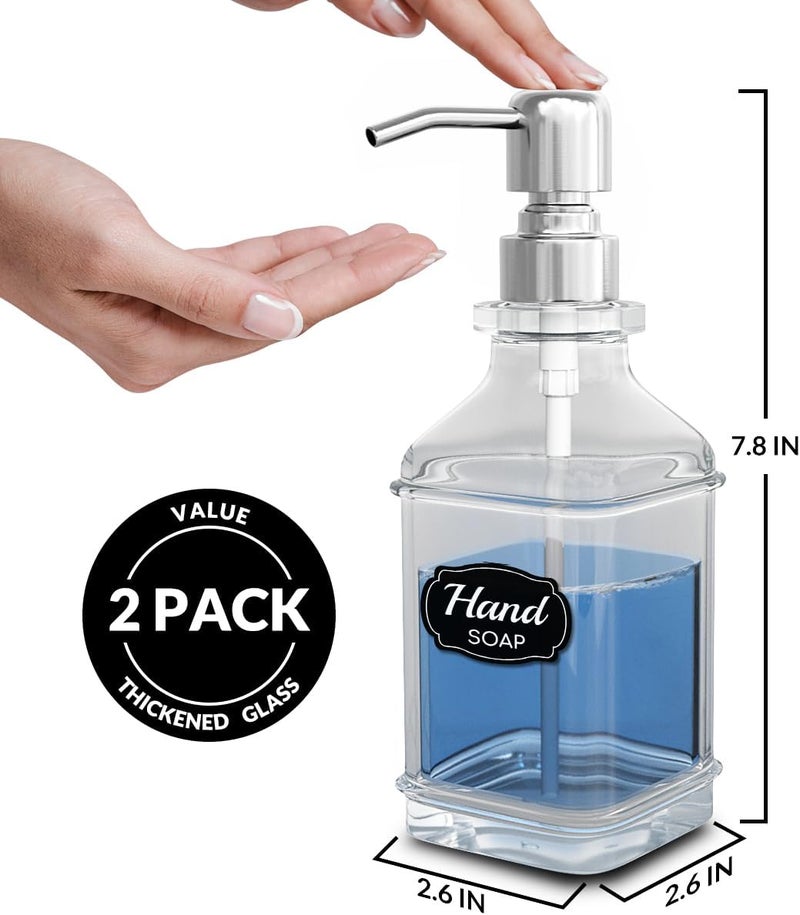 LMQML Soap Dispenser - 2 Pack, Antique Design Thick Glass Hand Soap Dispensers with Sturdy Tray; 304 Rust Proof Stainless Steel Silver Pump, 12Pcs Stickers, for Kitchen, Bathroom - Image 3